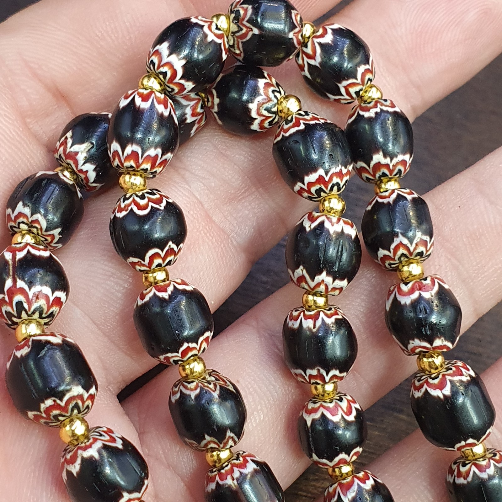 Vintage Venetian Style beads Old African black Glass Chevron Beads Long Strand
