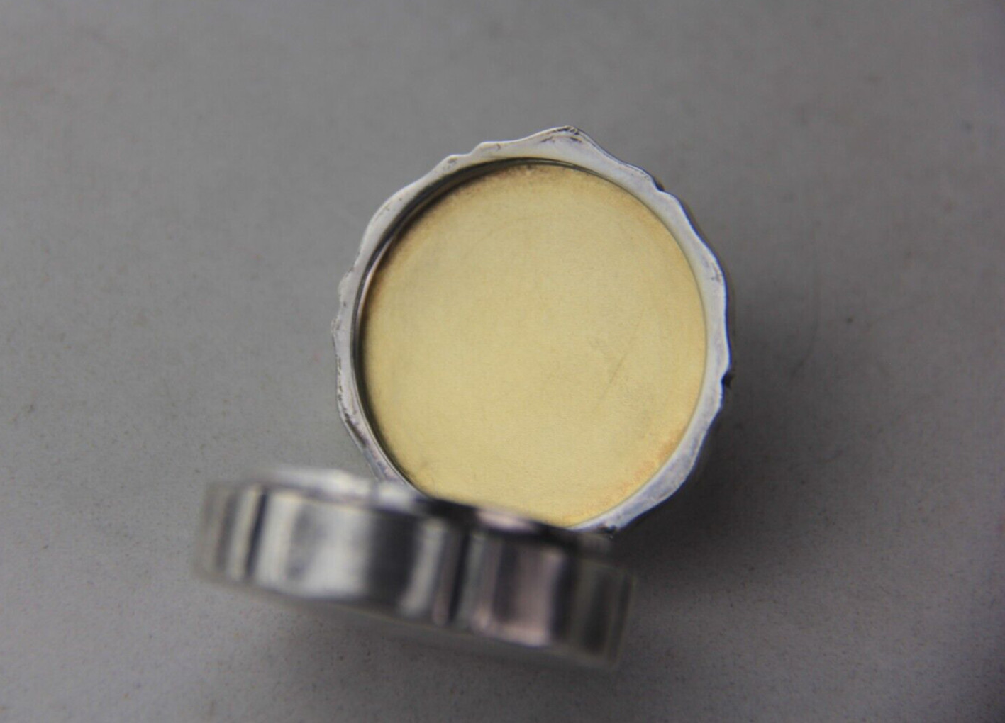 German 800 Silver Round Pill Box w/ Round Amethyst Cabochon & Seed Pearl on Lid