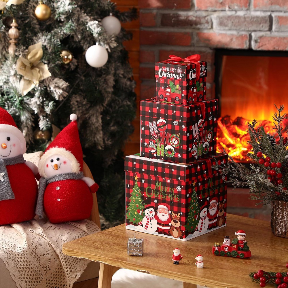 3 Pcs Christmas Nesting Gift Boxes Buffalo Plaid Xmas Stackable Boxes Black R...