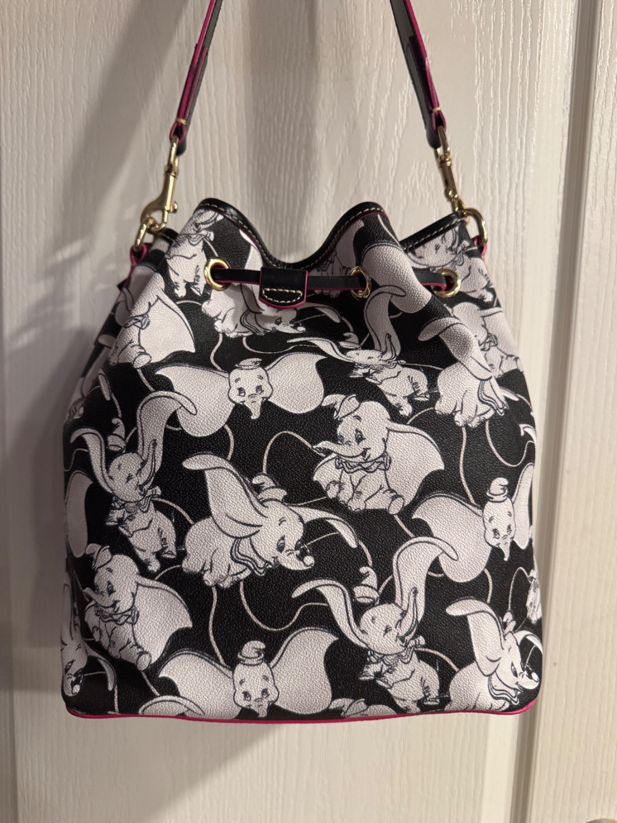 Dooney & Bourke Disney Black White Pink Dumbo Drawstring Bucket Purse Handbag