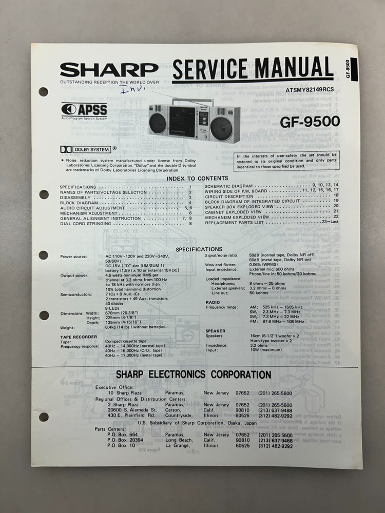 Sharp GF-9500 Original Service Manual Free Shipping