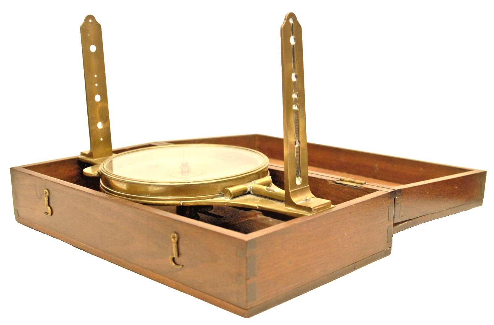 ANTIQUE EDWARD DRAPER PHILADELPHIA BRASS SURVEYORS COMPASS IN MAHOGANY WOOD CASE