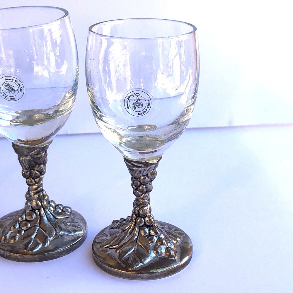 DAVCO SILVER LTD Set Of 4 Grape Silver Plated & Glass Cordial Liquor Glasses