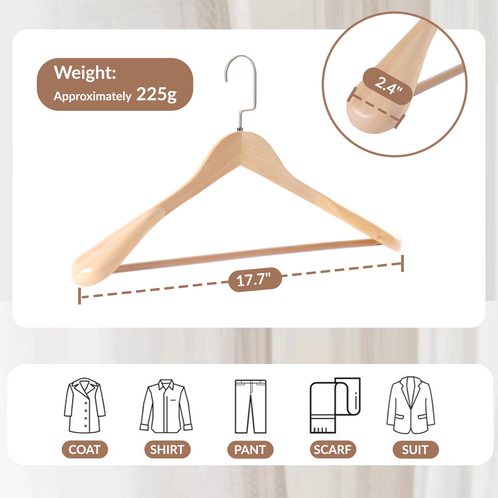 2.4" Wide Shoulder Suit Hangers 12-60 Pack Natural Wooden Hanger Glossy Finish