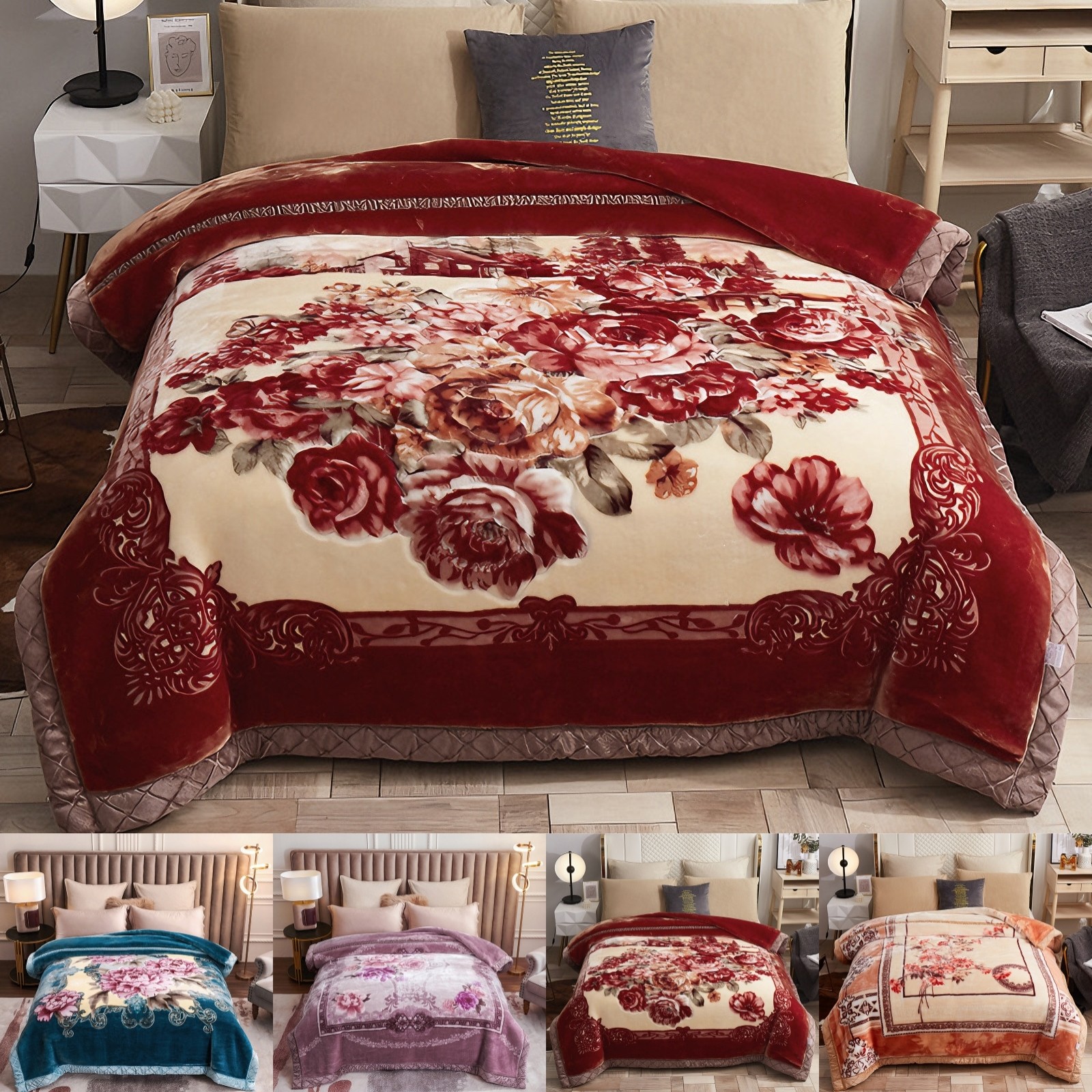 Reversible Korean Mink Blanket Printed Flannel Throw Blanket Full Queen Heavy