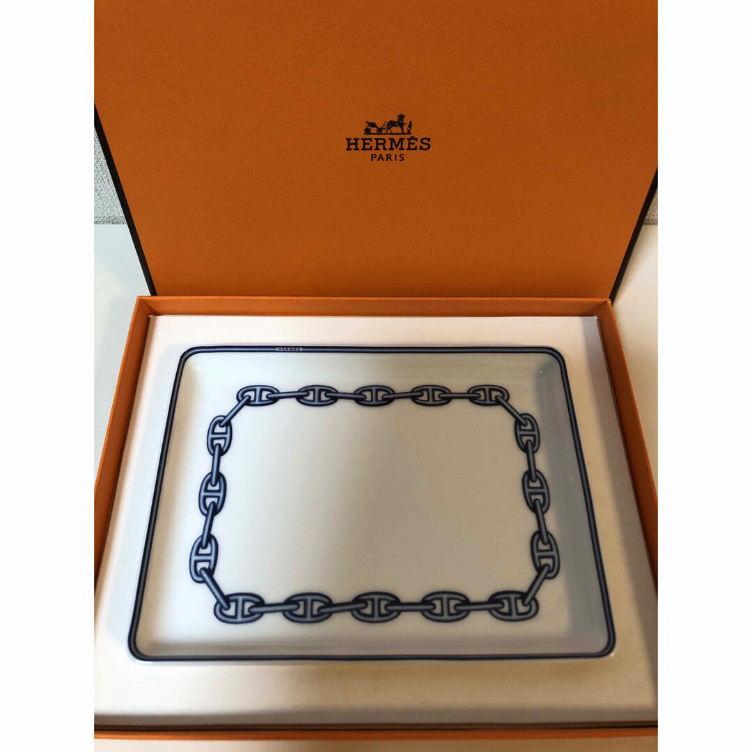 HERMES Paris Authentic Plate Chain D'ancre Blue Ashtray Porcelain Box Interior