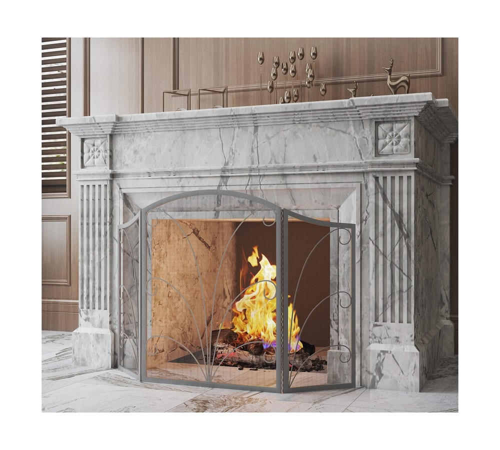 Kingson 3-Panel Arched Fireplace Screen Decorative, Handcrafted Scroll Wrough...