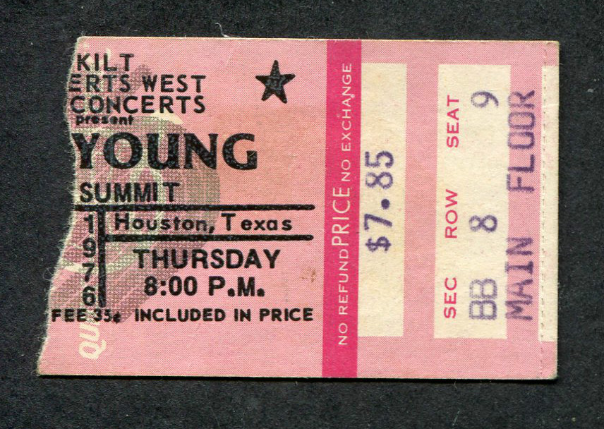 Original 1976 Neil Young & Crazy Horse Concert Ticket Stub Houston TX