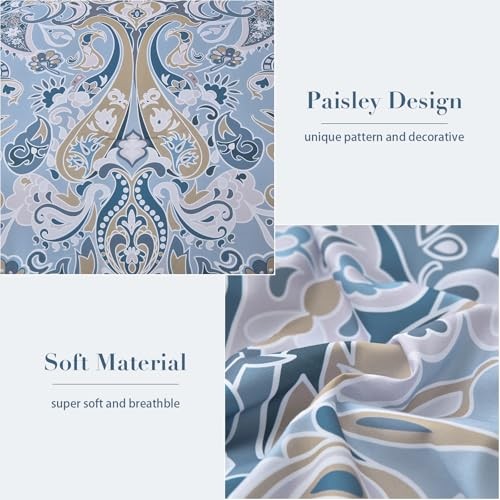 Blue Paisley Comforter Set 7 Pieces Bed in a Bag Boho Queen Light Blue
