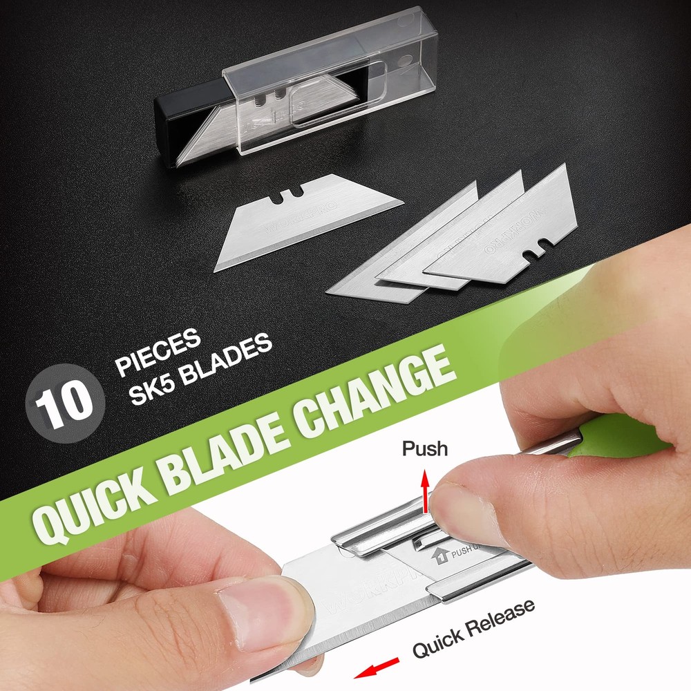 WORKPRO 3-Pack Folding Utility Knife Set, Quick Change Blade Box Cutter, Razo...