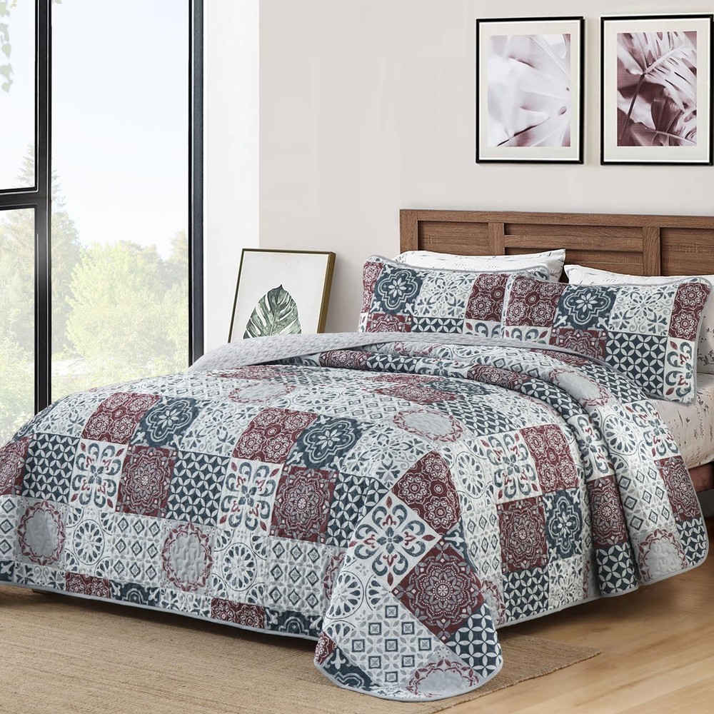 Dobuyly Patchwork Quilt Set Queen Size Boho Plaid Bedspread Queen, Red Grey