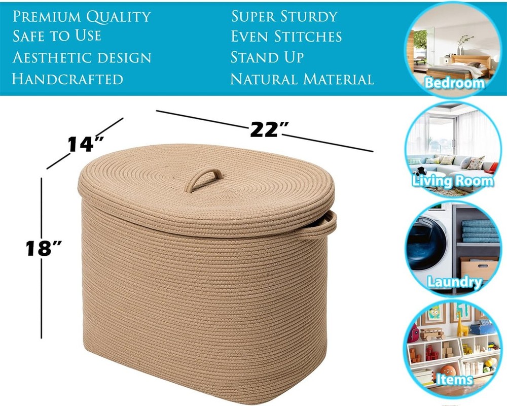 22"x14"x18" Rectangular Extra Large Storage Basket With Lid, Large Cotton Rop...