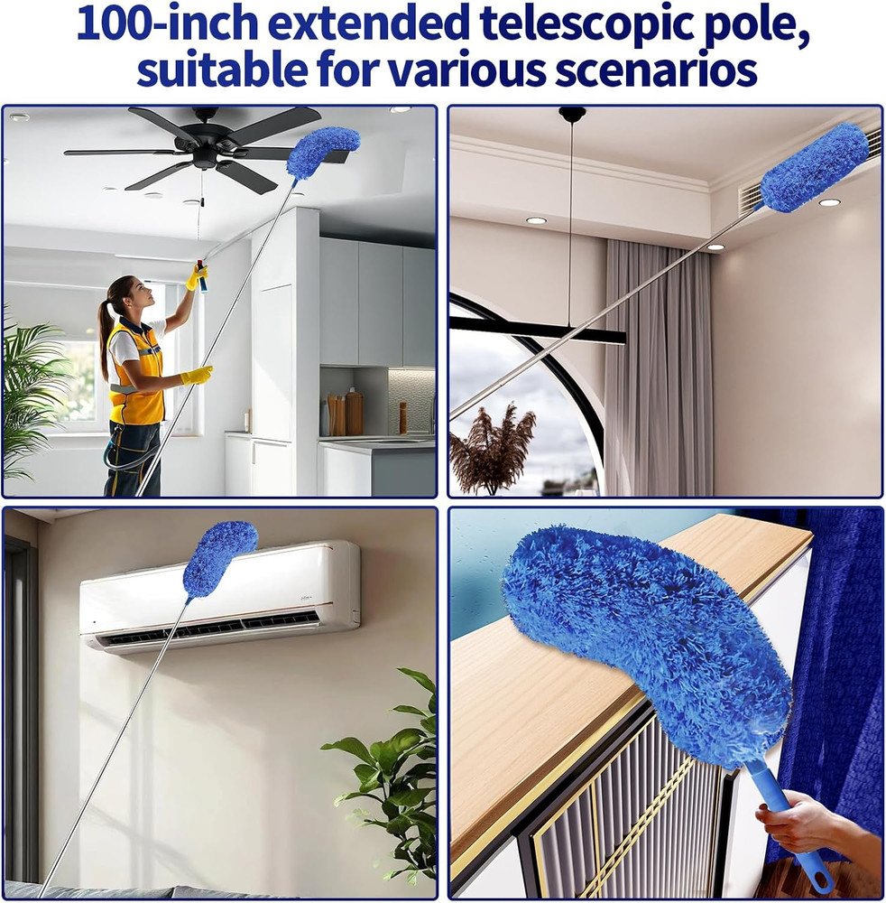 Cobweb Duster with Extension Pole, Washable Cleaning Duster Set with 2 Duster He