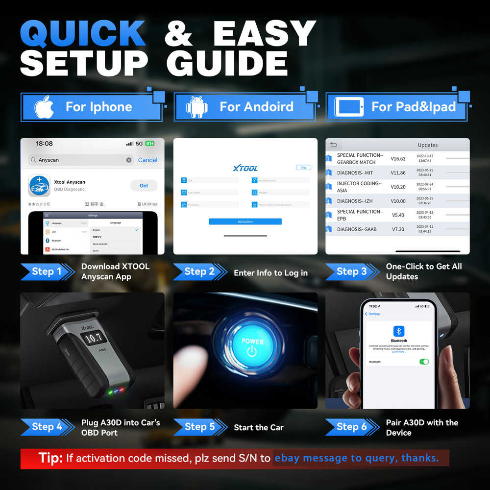 XTOOL A30D V2.0 BT OBD2 Full System Bidirectional Scan Tool 16+ Services F.CA