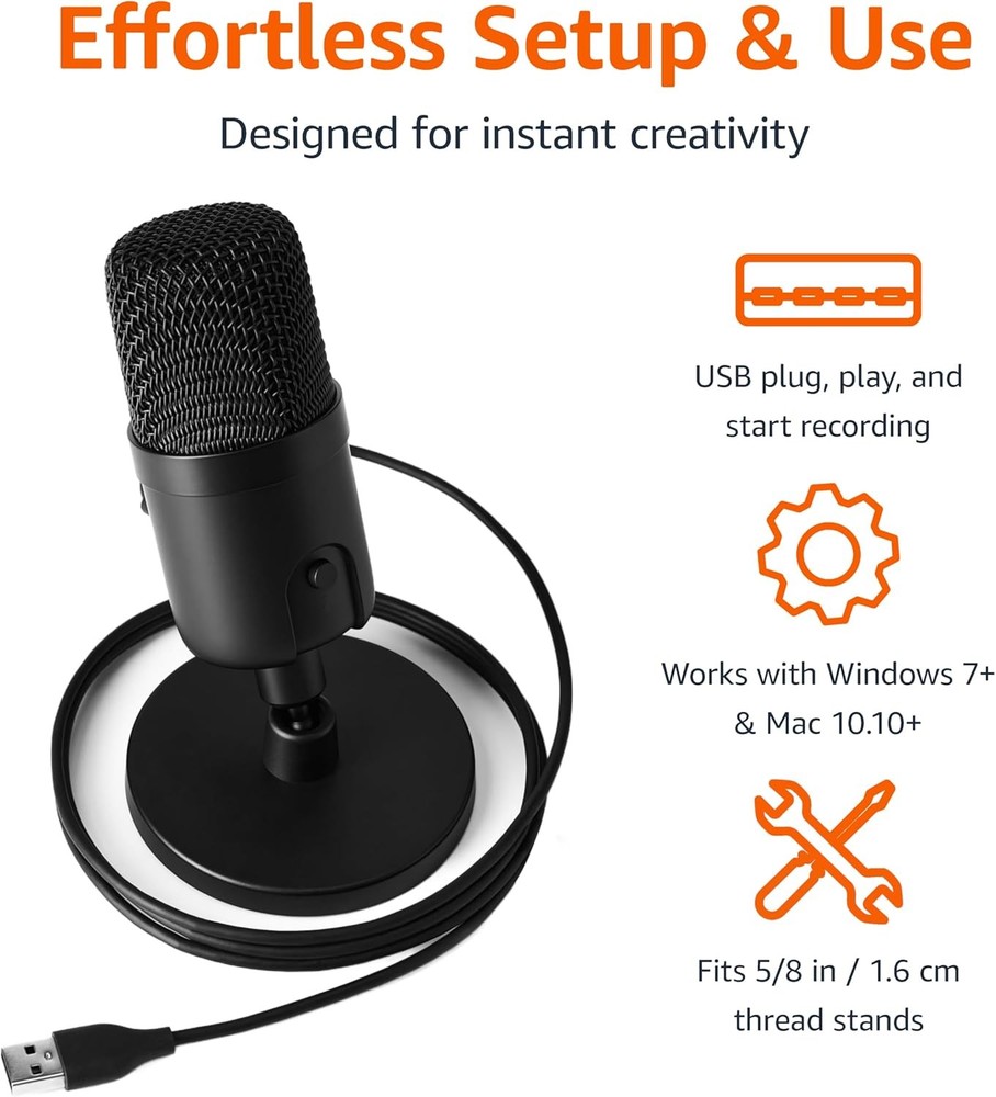 Amazon Basics USB Condenser Microphone for Streaming, Recording, and Black