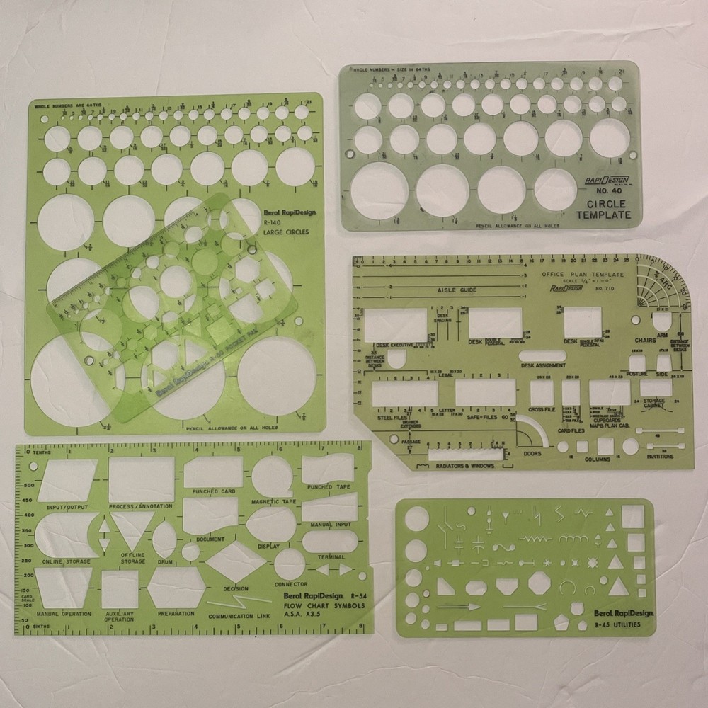 6 Berol RapiDesign stencil template UTILITIES FLOW CHART office plan circles