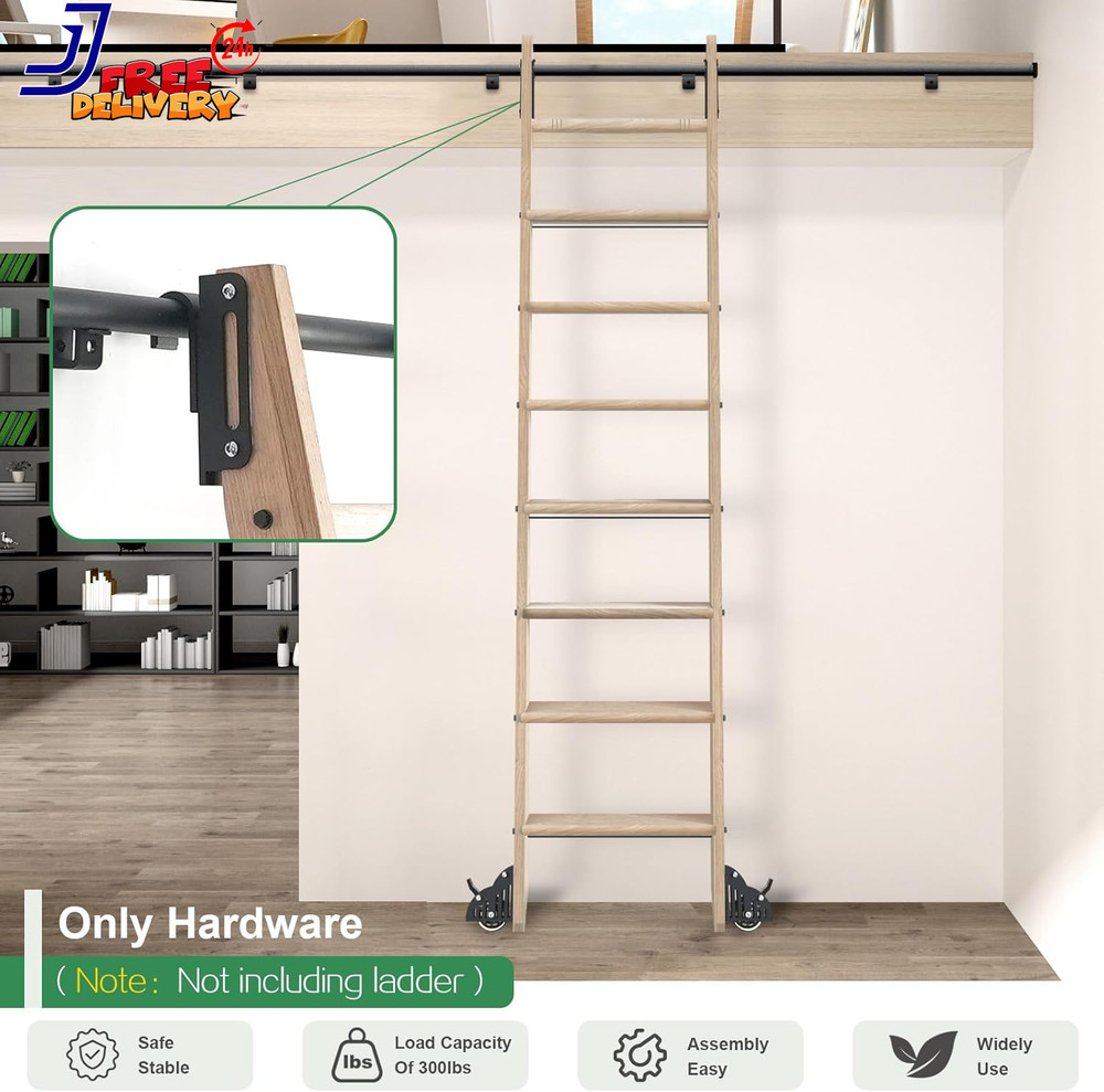 8FT Telescopic Hook on Sliding Library Ladder Hardware Includes Bottom Wheel wit