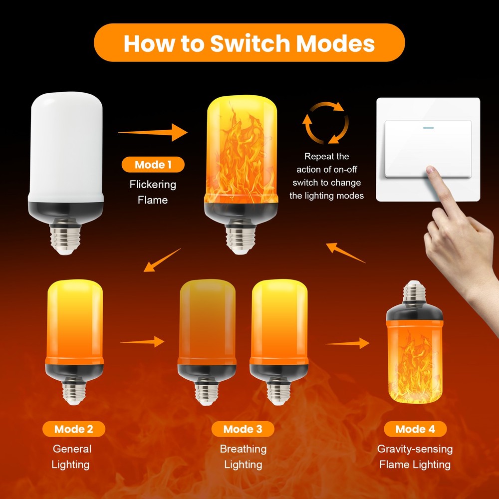 Led Flame Light Bulb, 2 Pack E26 Flickering Light Bulbs with 4 Modes, Faux Flame