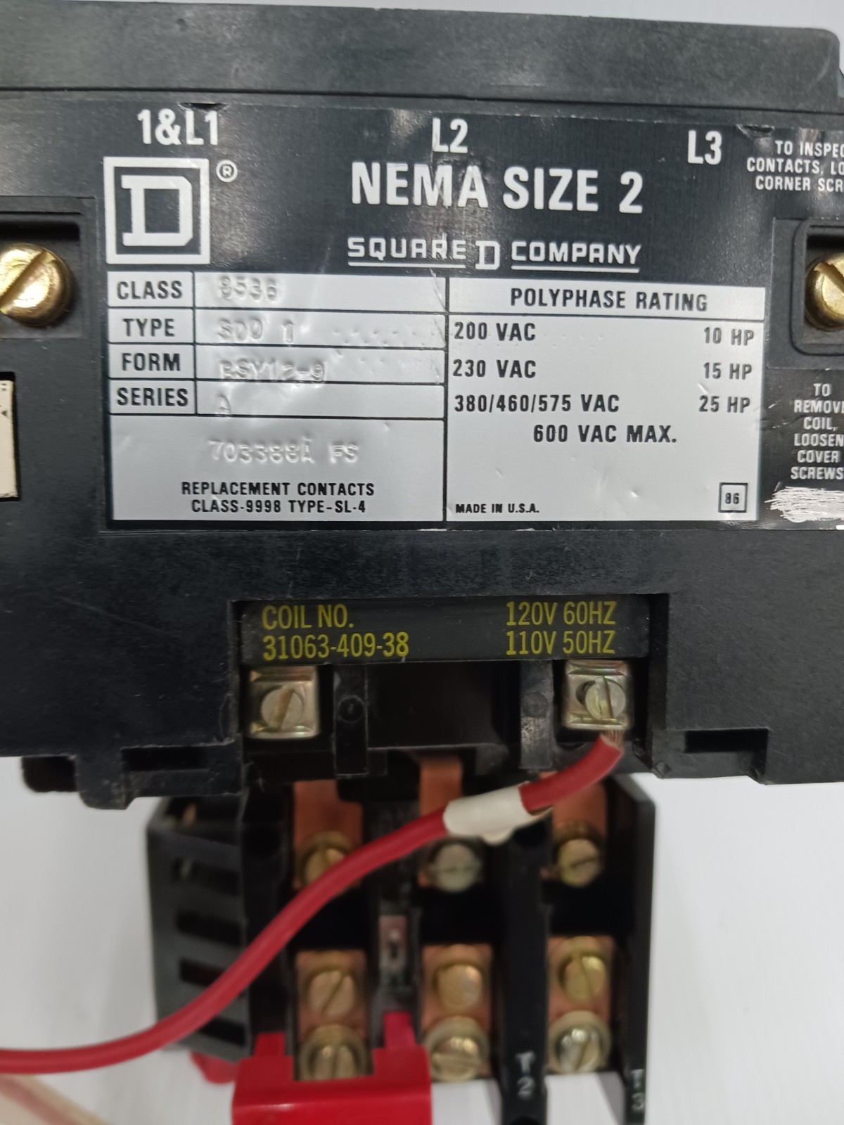 New Square D Size 2 Motor Starter 8536 SD01 Coil 120 V ac 25 HP