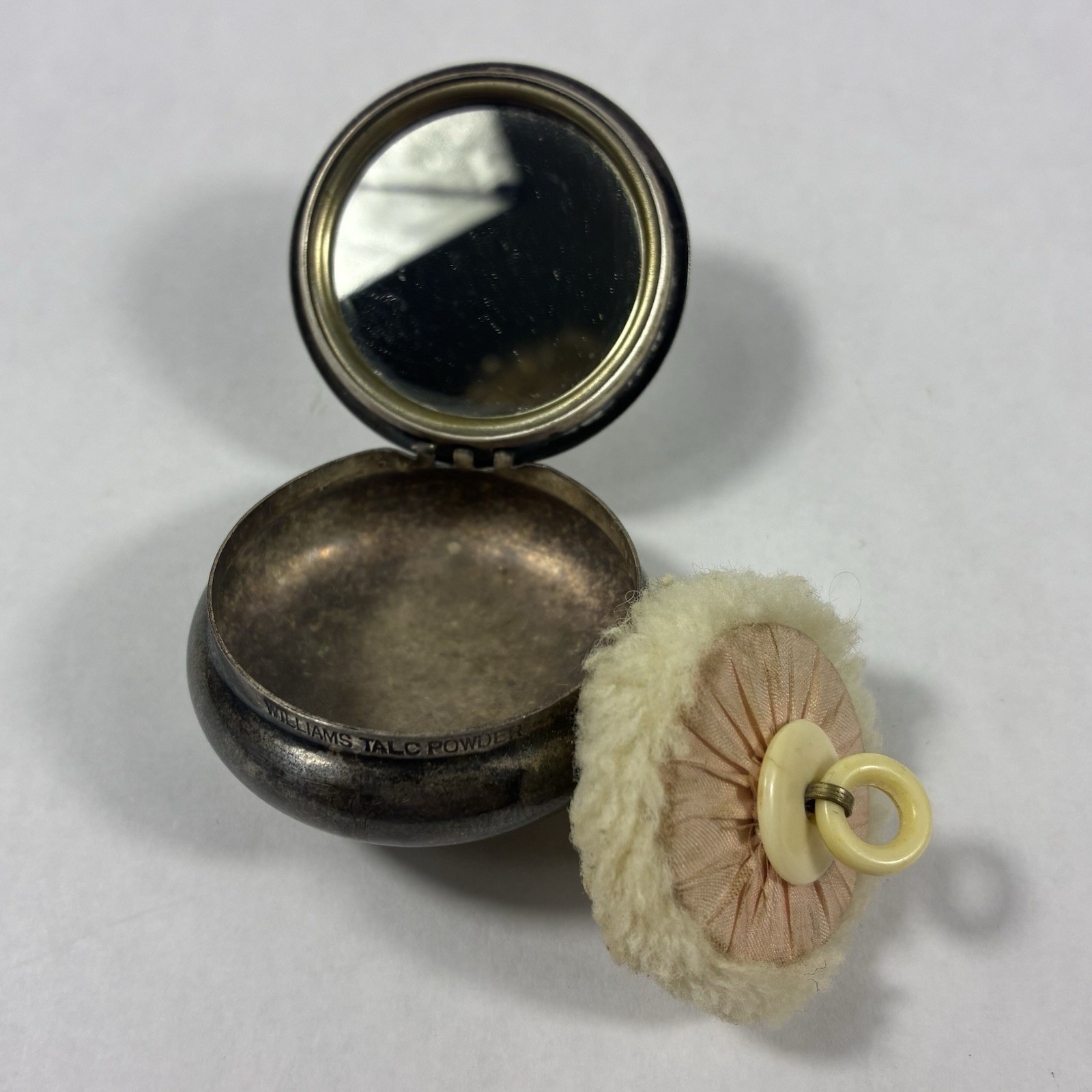 Antique Williams Talc Co Miniature Mirrored Powder Box w/Puff Silver Plate Vtg