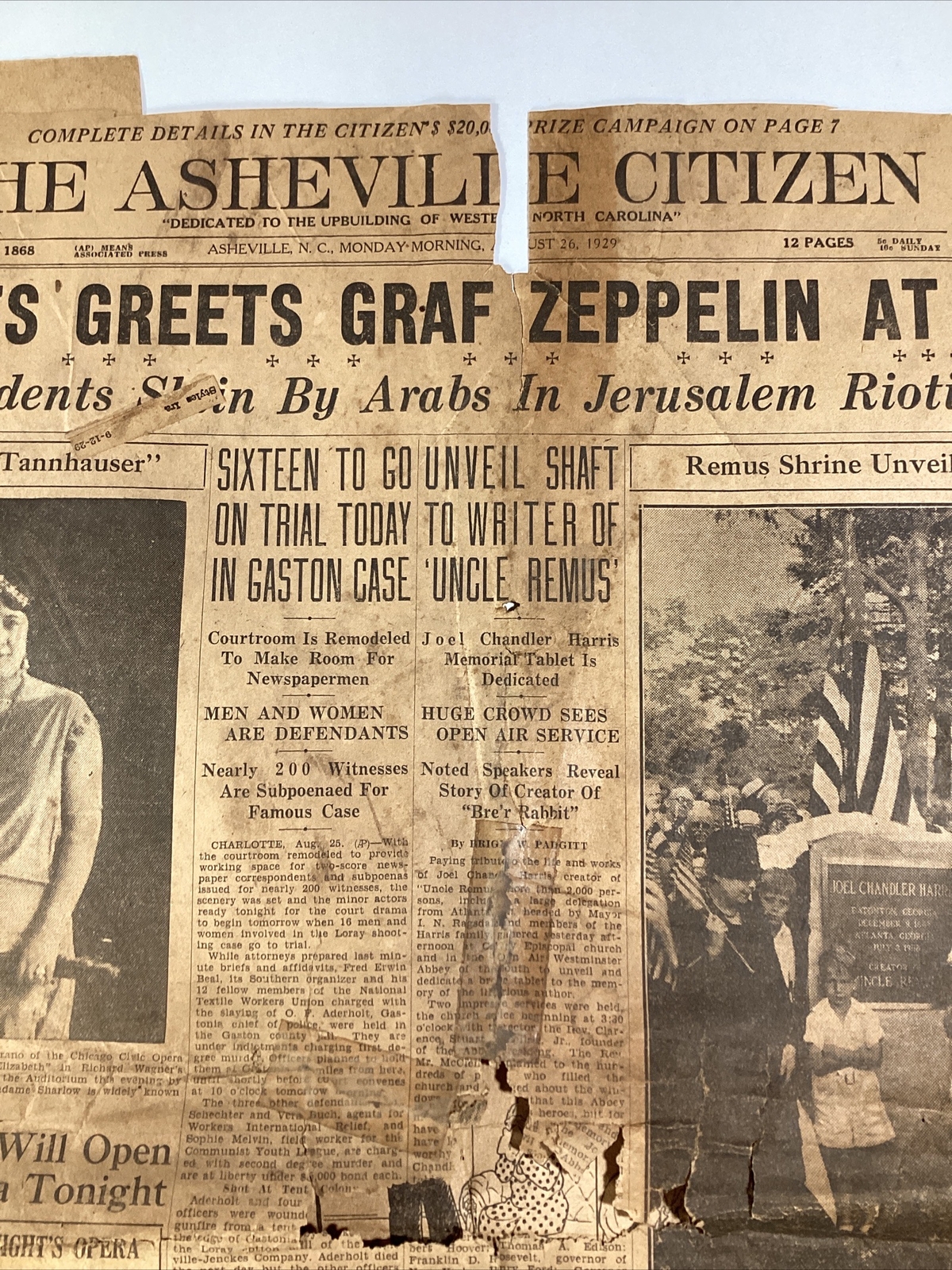 Ashville NC Newspaper Aug 26, 1929 Opera Zeppelin Israel Uncle Remus Great Ads!