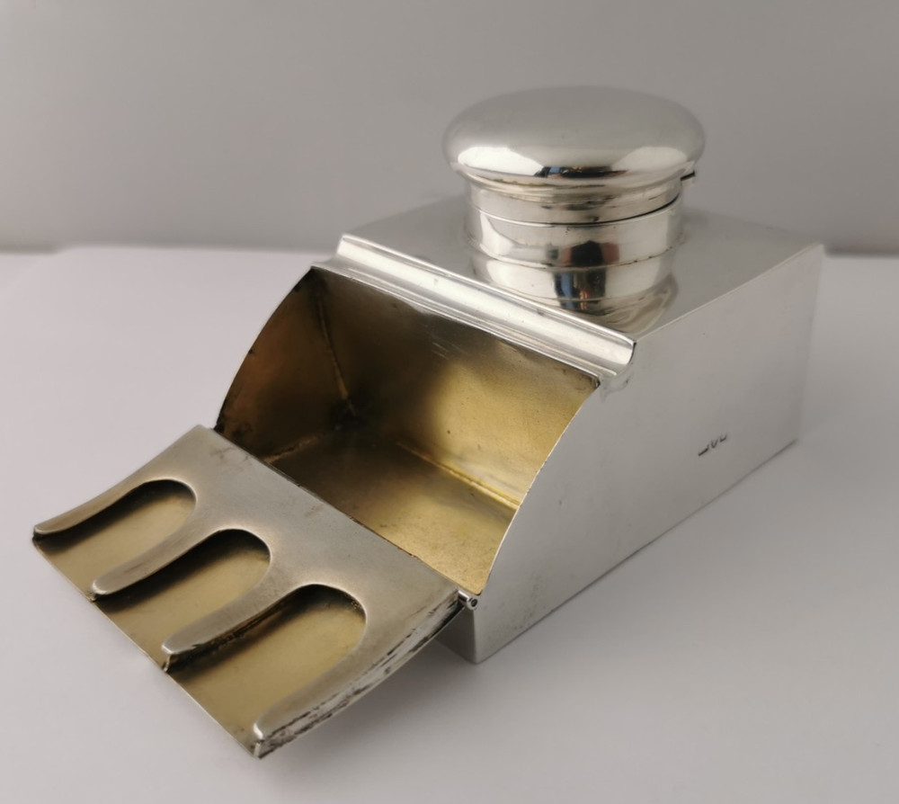 Rare Solid Silver Inkwell & Double Stamp Box Combination - Chester 1903