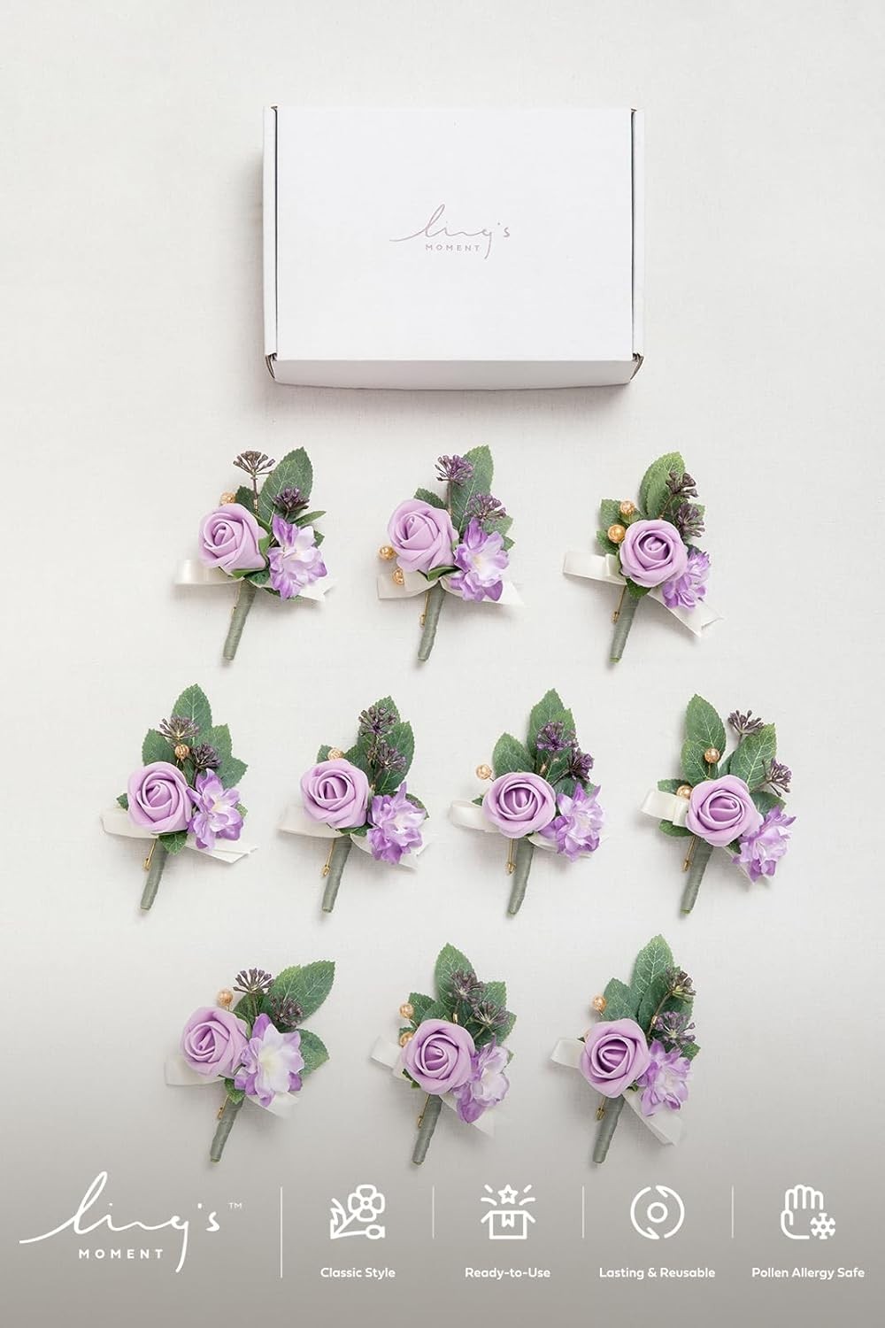 Ling's Moment Boutonniere for Men, 10pcs Groomsmen Guest Boutonniere, Lilac