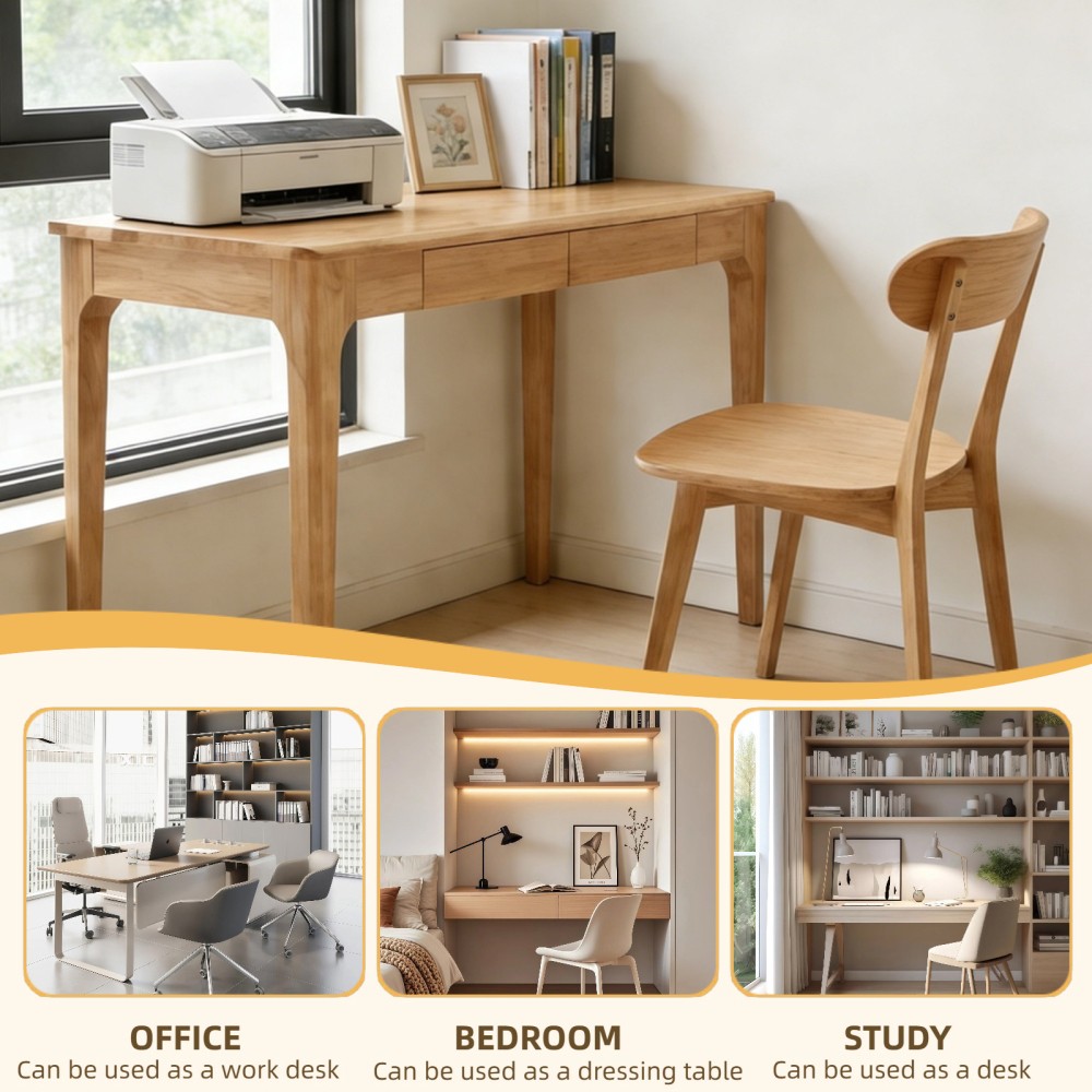 Solid Wood Desk with Drawers, Standing Desk with Smooth Edges, Home Office Desk