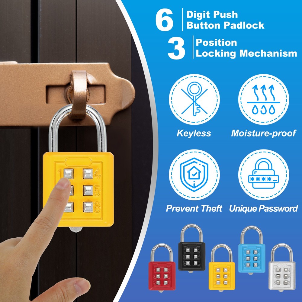 Push Button Combination Padlock 6-Digit 3-Position Lock Yellow