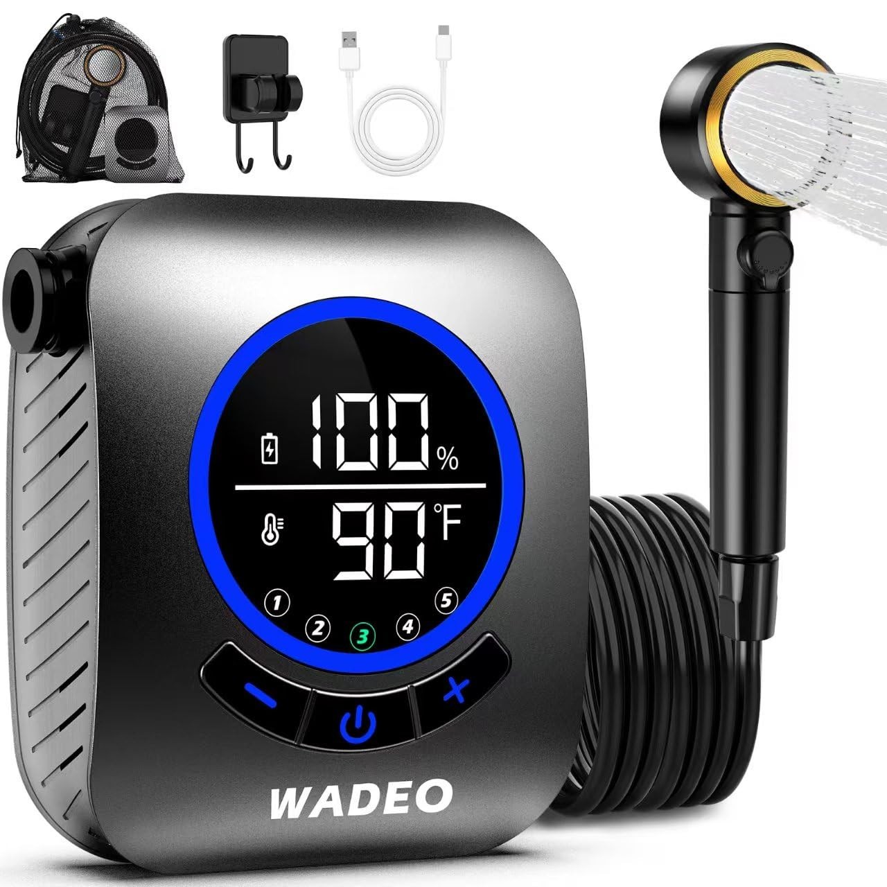 WADEO 8000mAh Rechargeable Portable Shower 5 Pressure Levels Fahrenheit Display