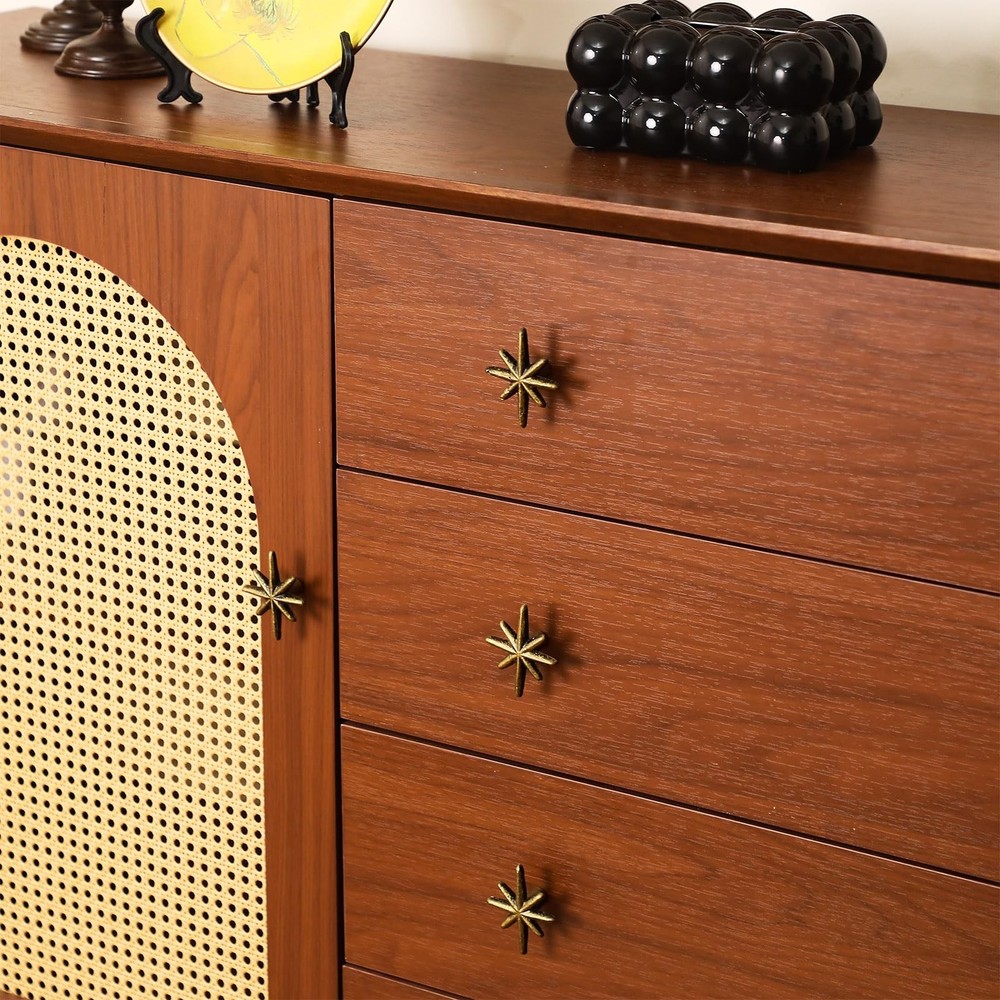 6 Set Unique Antique Gold Cast Iron Drawer Pulls & Cabinet Knobs, 8-Pointed S...