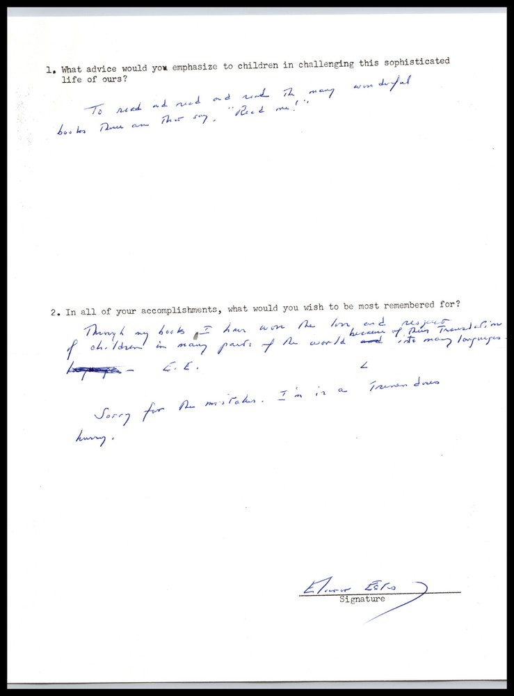 Elenor Estes - Writer - 9x11 Questionaire w/ Notes - Signed