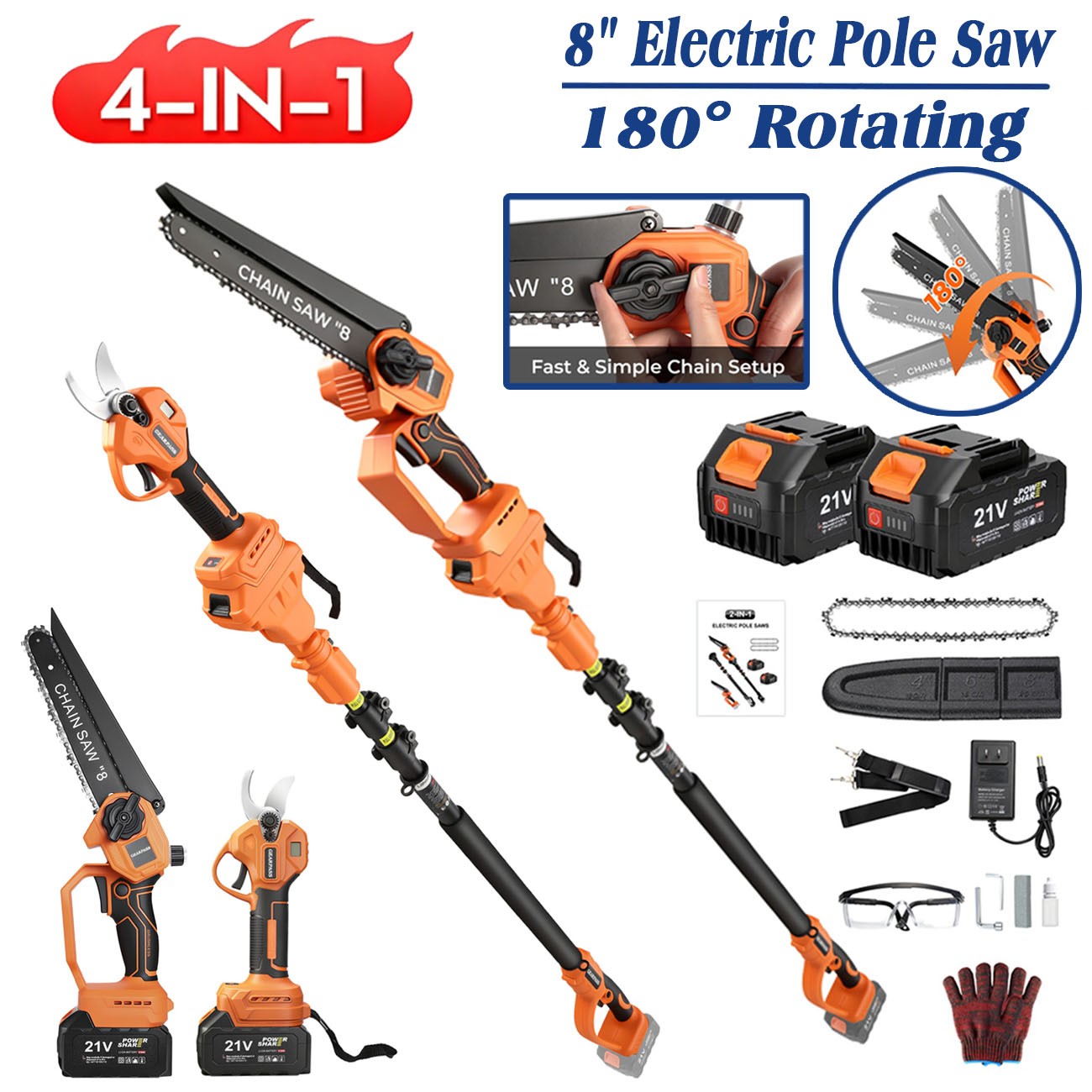 4-in-1 Cordless Pole Saw & Pole Pruning Shears Combo Kit Chainsaw Cutter 8 Inch