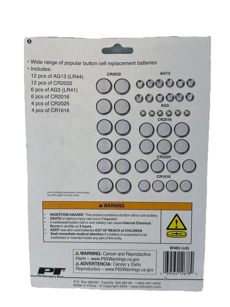 44 Piece Button Cell Battery Variety Pack W483 by Performance Tool 2 Pack