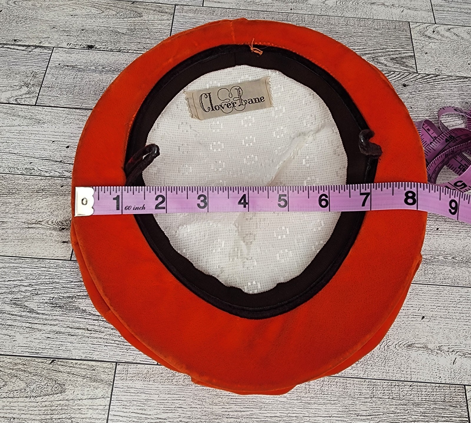 Vintage Clover Lane Art Deco Velvet Velour Beret Hat Fascinator Bright Orange