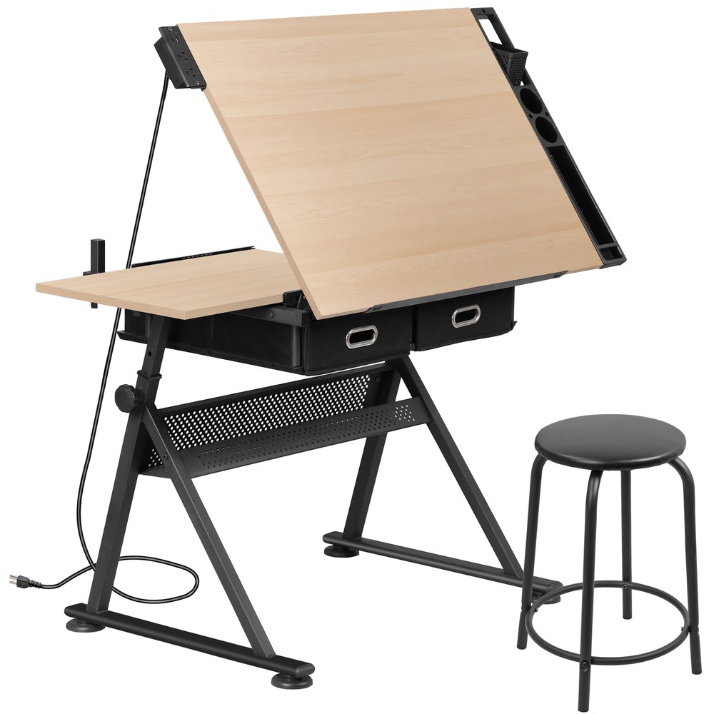 Drafting Table and Stool Set with Tilted Tabletop and Adjustable Height Natural