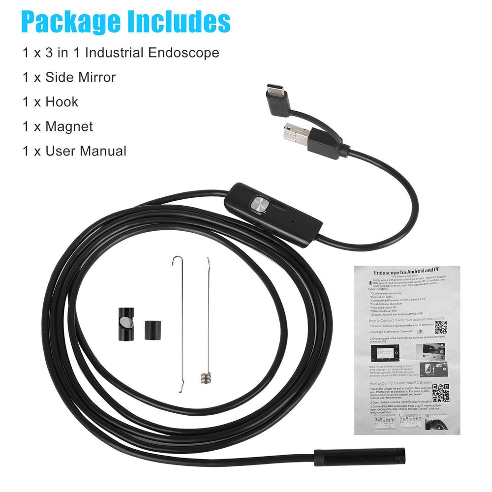 7mm LED HD Snake Endoscope Borescope Inspection Camera for USB Type C Android PC