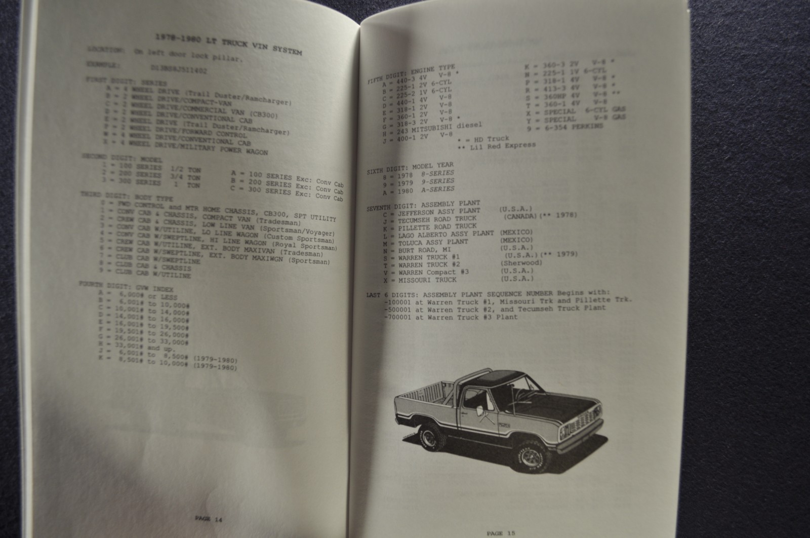 1961-1980 Dodge Pickup Truck ID Code Book D100 200 300 W150 300 Power Wagon
