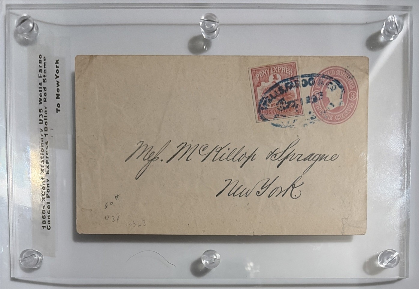 RARE!!! 1861 3C Stationary U35 Cancel PONY EXPRESS w/1 Dollar Red Stamp