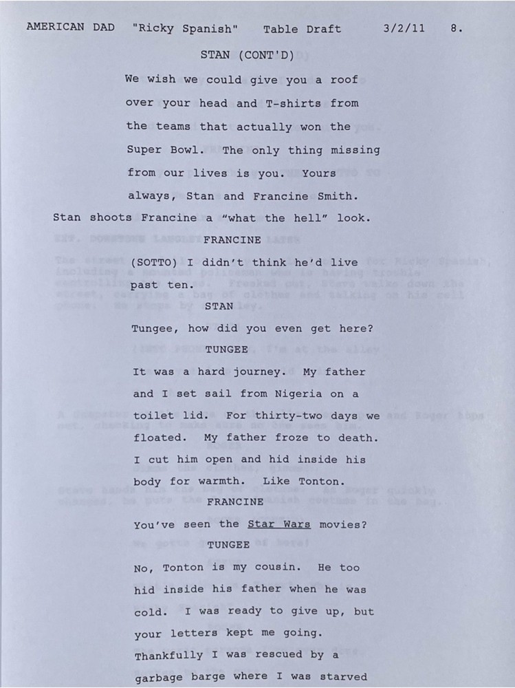 American Dad 2011 Ricky Spanish Production Used Original Table Draft Script