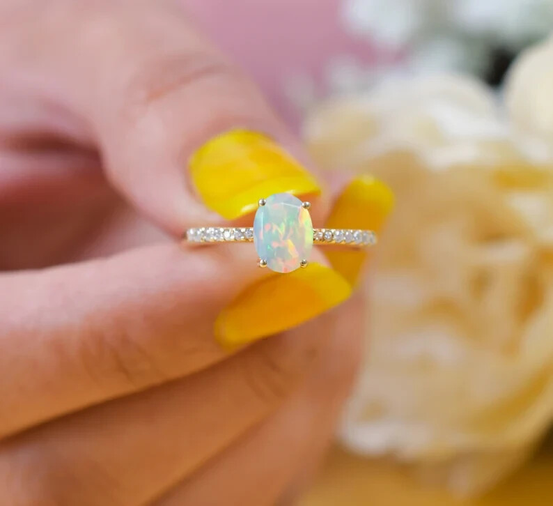 Ethiopian 10K Solid Gold Opal Ring Opal Wedding Engagement Ring Anniversary Gift