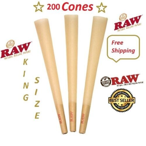Authentic RAW Classic King Size Pre-Rolled Cones 200 Pack & Free Lighter
