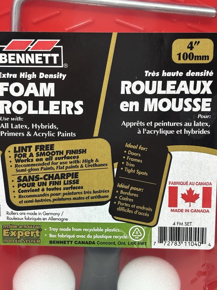 Foam Paint Roller Set Bennett 4 in Plastic Paint Tray, Roller Frame NEW
