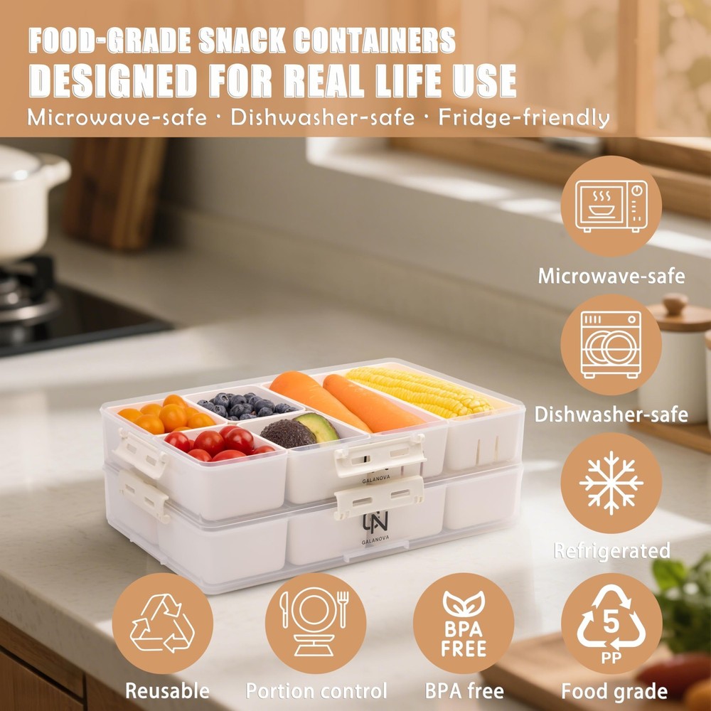 Stackable Snackle Box Container 14 Compartments 2 Lids White 2 Pack BPA Free
