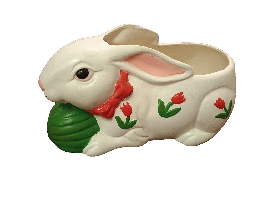 Vtg Hand Painted White 3D Rabbit w Cabbage Tulips Easter Spring Ceramic Planter