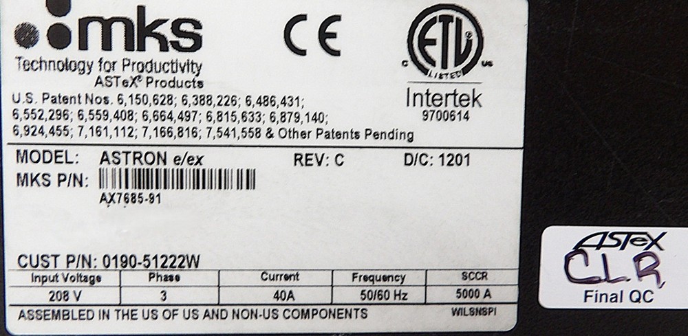 ASTRON e/ex MKS Instruments AX7685-91 RPS Plasma Source ASTeX Working Surplus