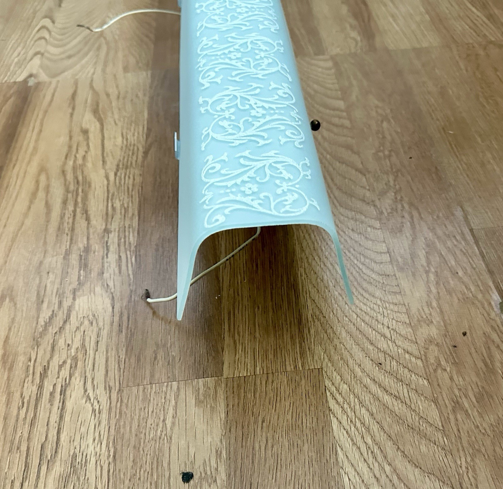 1960s 24” Textured White Glass Scroll Pattern Bathroom U Shaped Light Fixture.