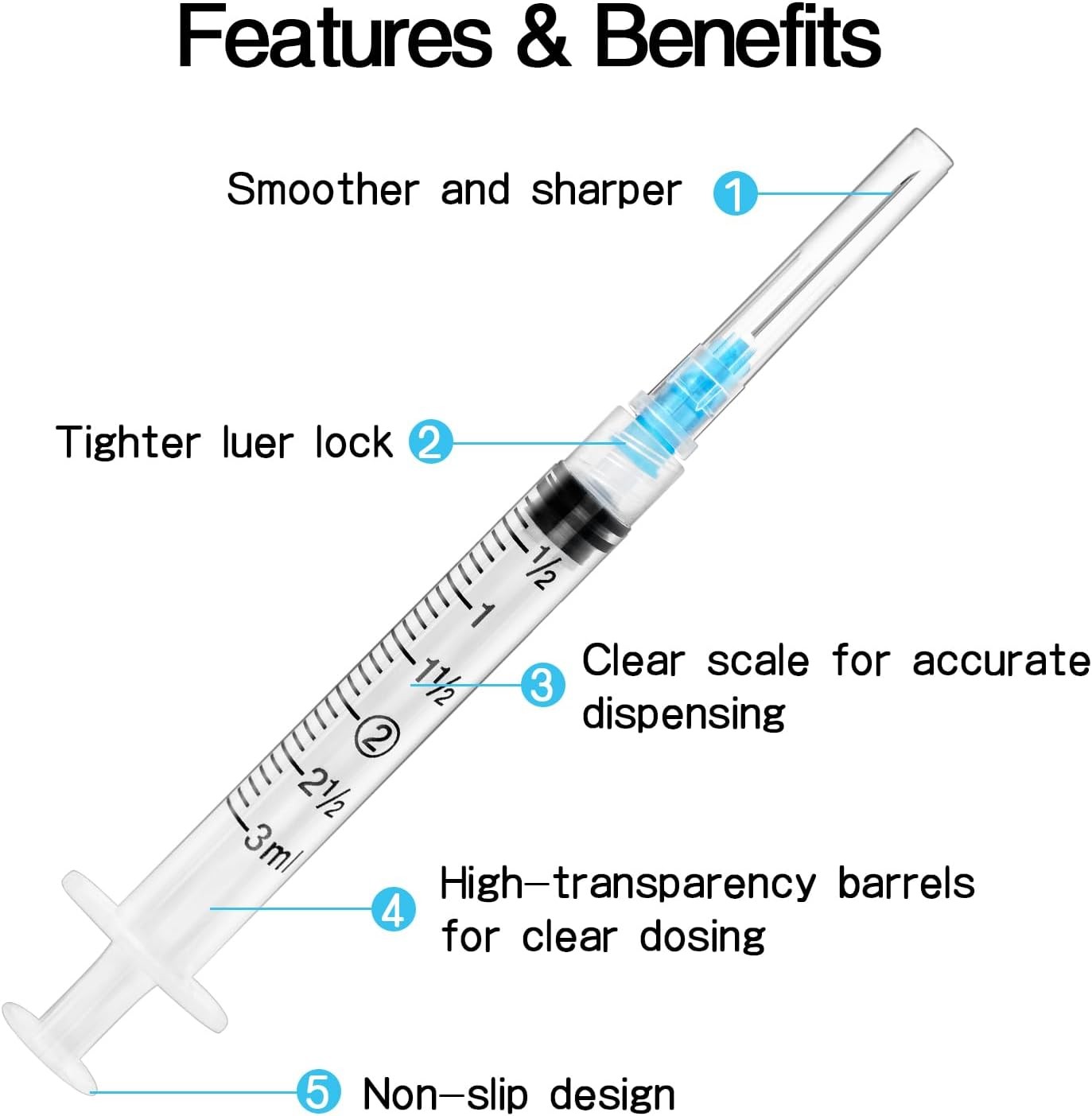 100 Pack 3ml Luer Lock Syringes with 23G 1" Needle Sterile Disposable Lab Steril