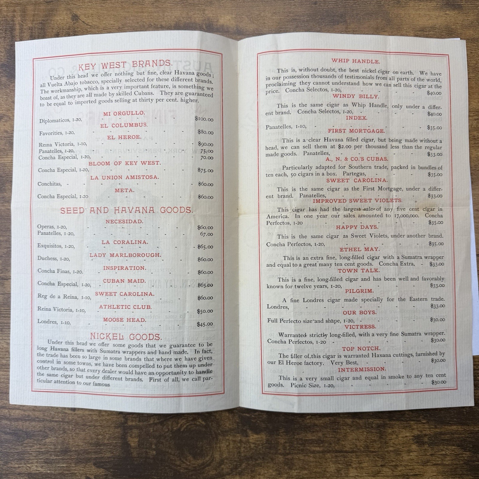 1890s-1900s Austin Nichols & Co. Cigar Catalog Price List New York Key West