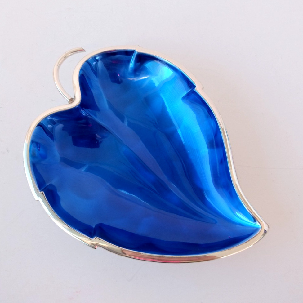 Vintage MCM Dekra Silver Plated BLUE ENAMEL Dish Bowl Leaf Shaped 7"
